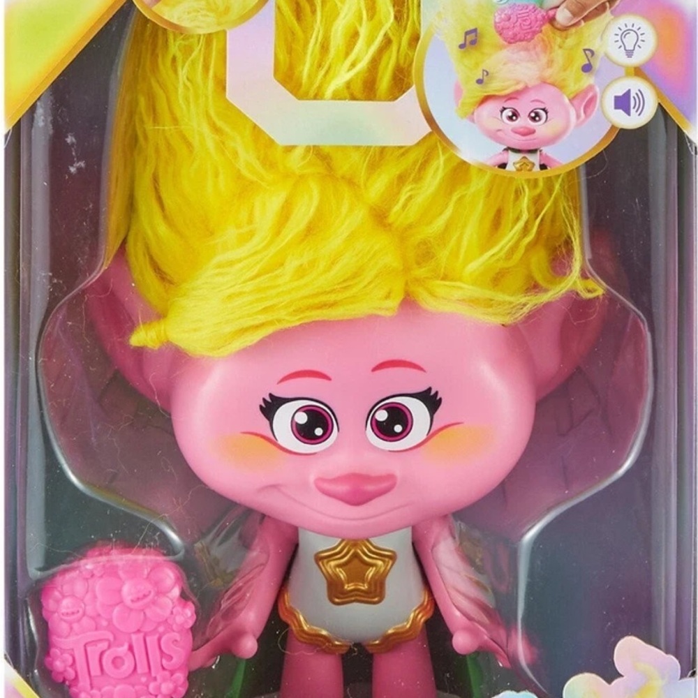 Trolls Pink Doll with Bright Yellow Hair and Gold Accent
